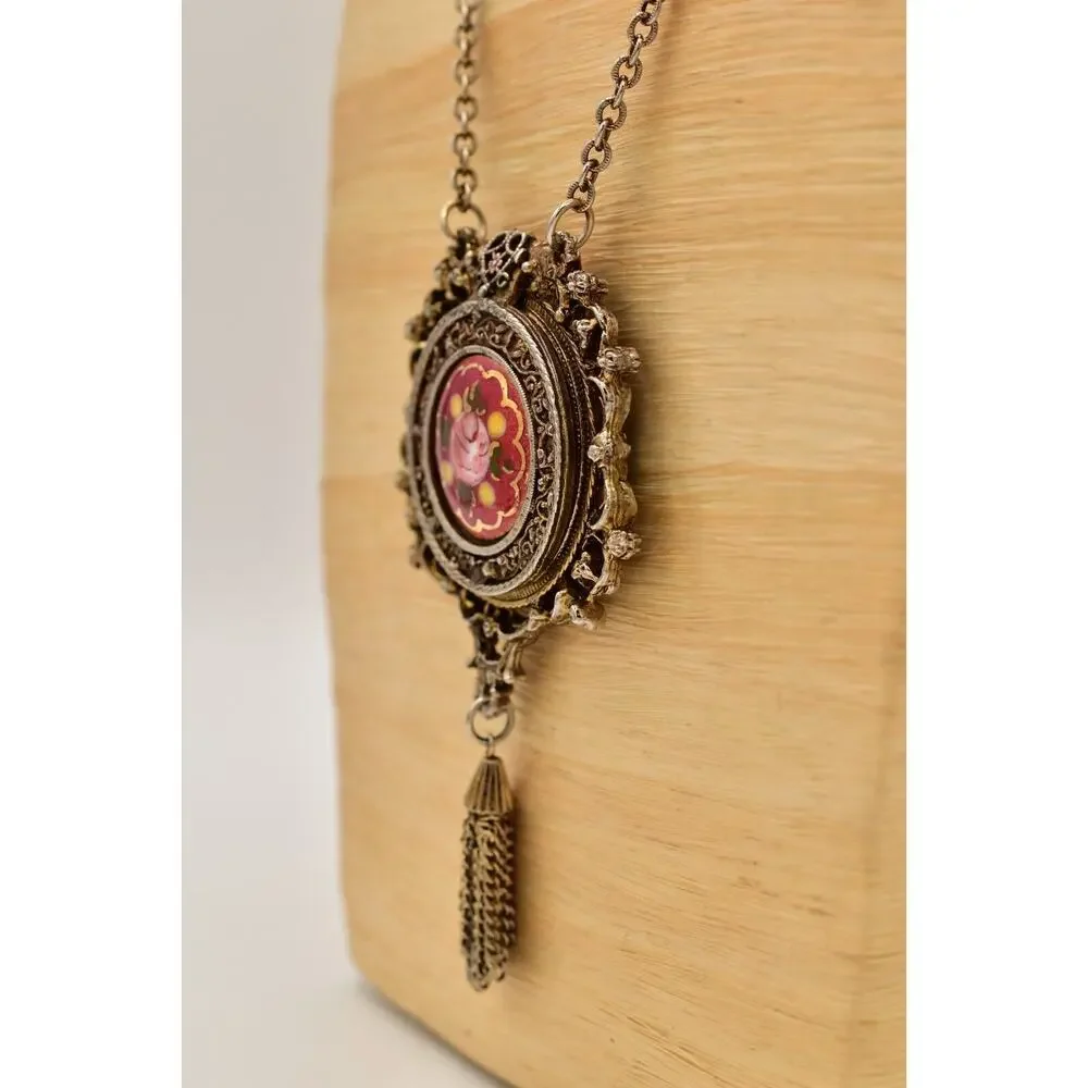 Vintage Locket Pendant Tassel Necklace Rose Painted Floral Heavy Antiqued BinA17